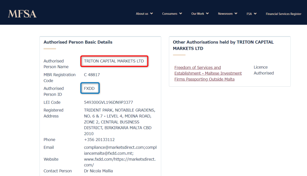 マルタ金融サービス局に登録のあるライセンス:TRITON CAPITAL MARKETS LTD