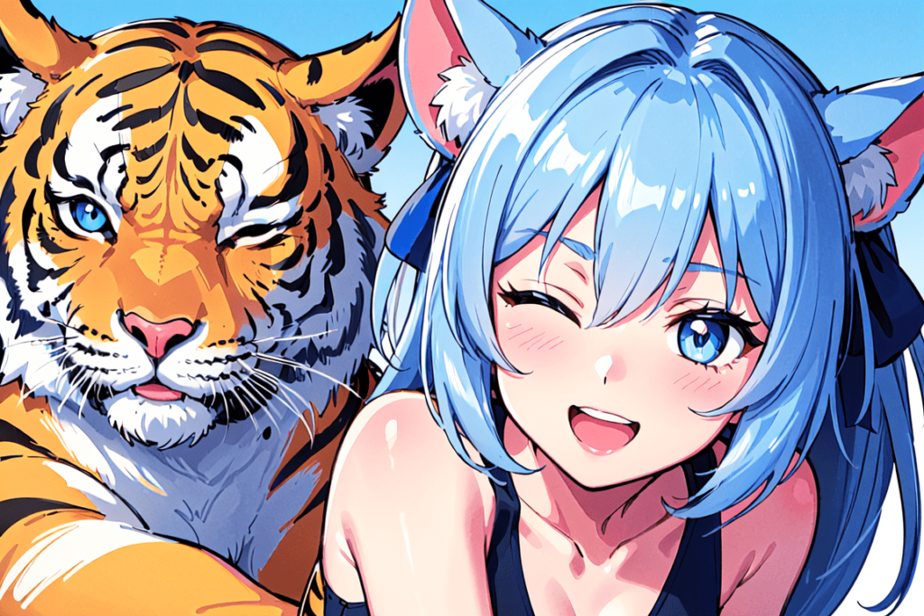虎と青髪女の子