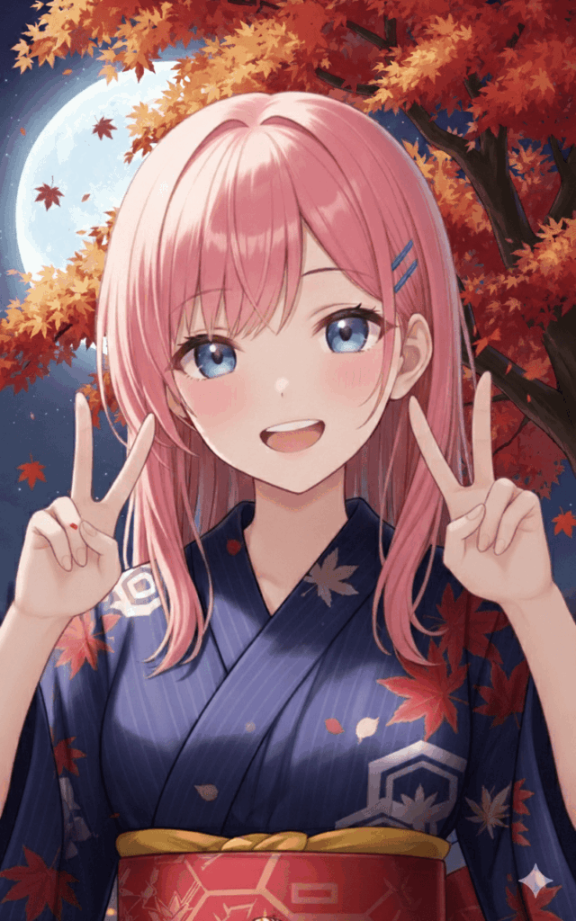 秋の夜空の下で着物の女の子