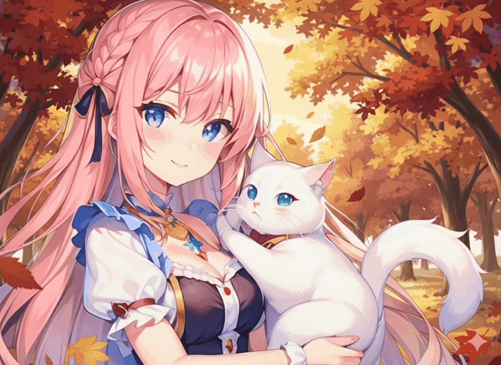 ピンク髪女の子と猫