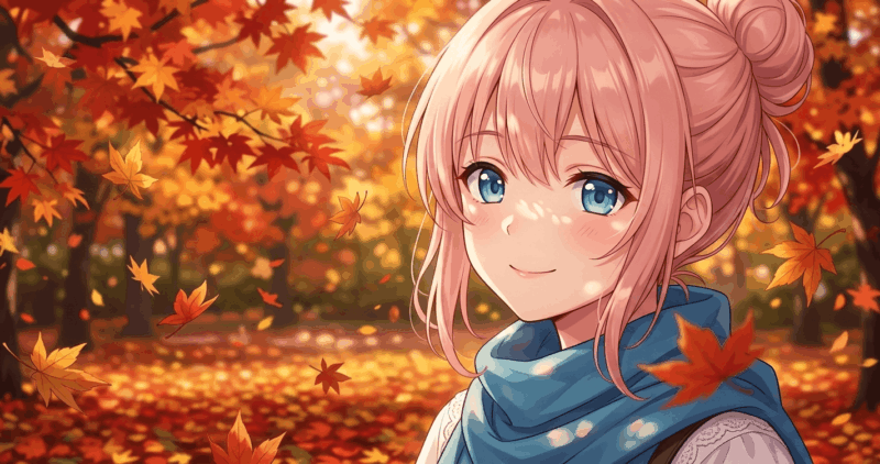 紅葉散る中で佇む女の子